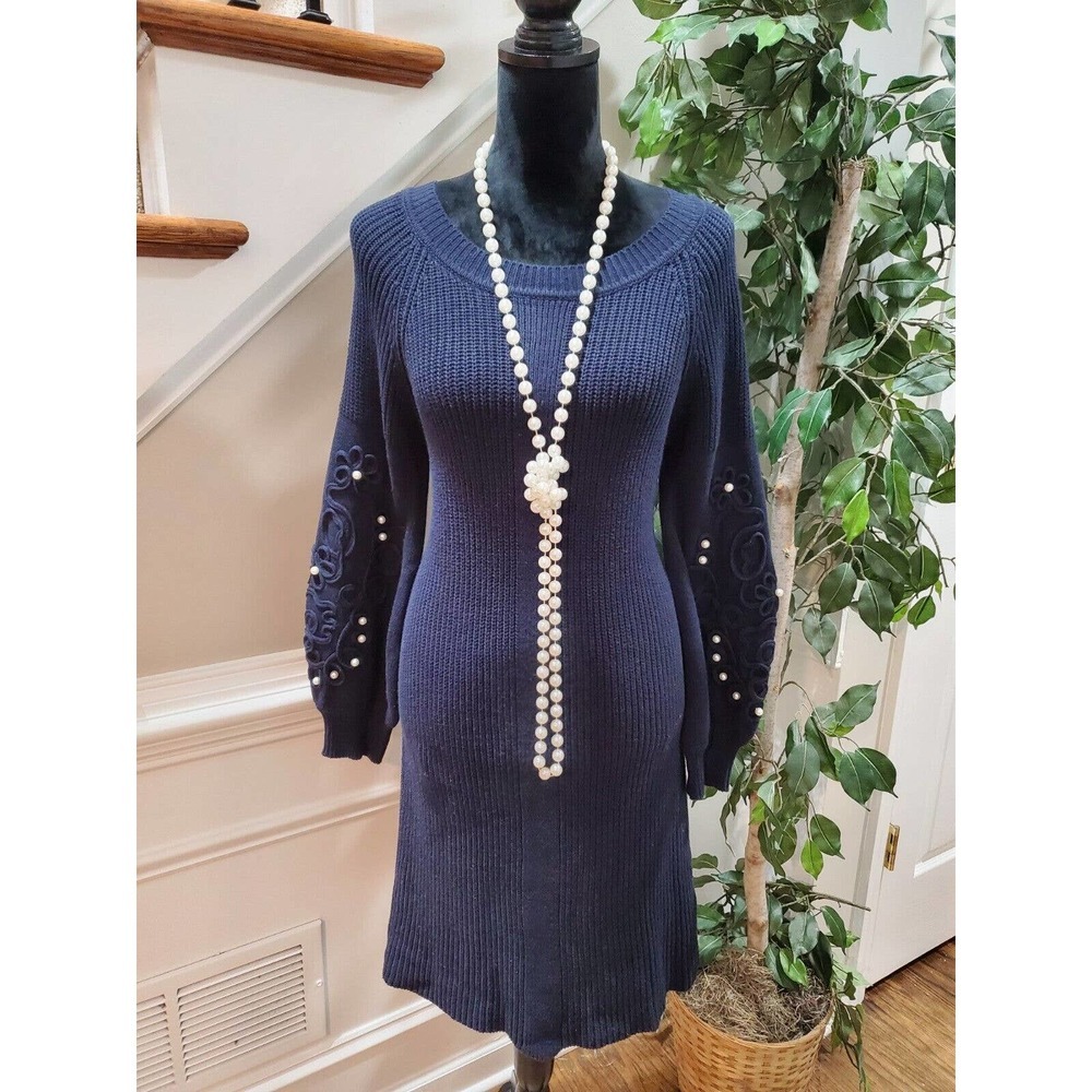 Vintage ViVi Women's Blue Cotton Round Neck Long Sleeve Knee Length Knit Dress M
